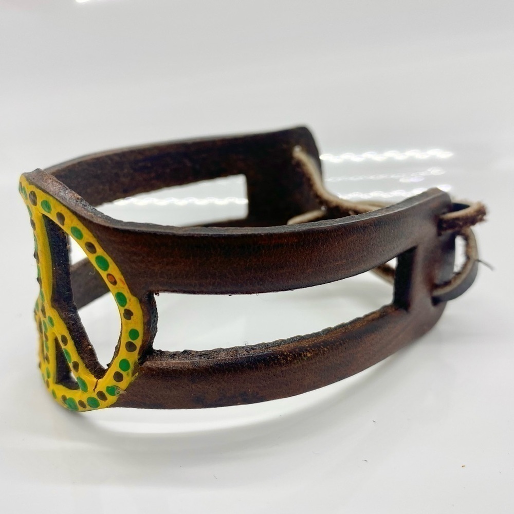 Mexican Artisan Handmade Hand Painted Brown Peace Sign Leather Cuff Braclet - Picture 2 of 4